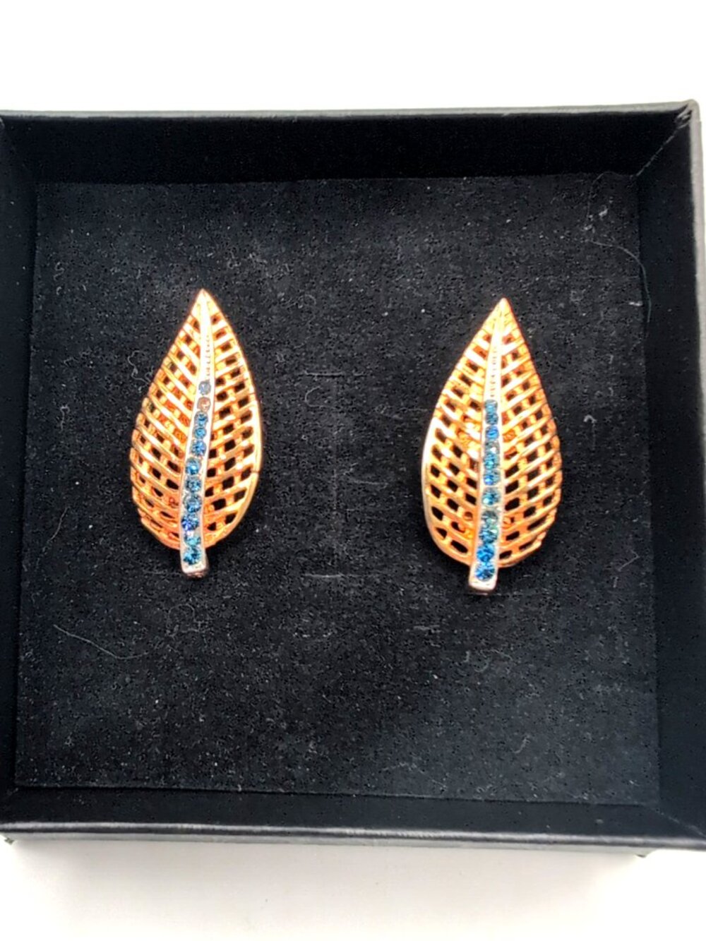 Vintage Coro Blue Rhinestone + Gold Tone Leaf Clip On Earrings 1.25" Marked VGC